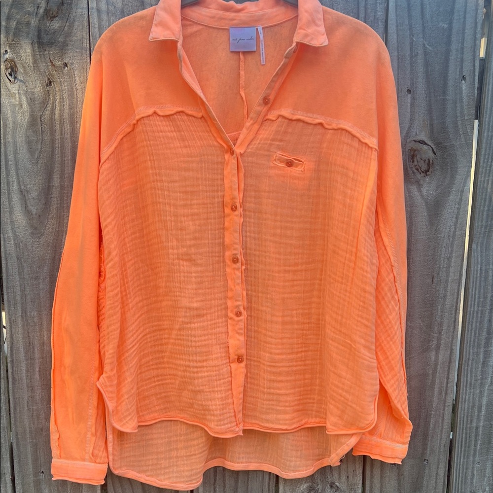 Out From Under Bright Orange Sheer Button-Up NWOT DISTRESSED SIZE SMALL